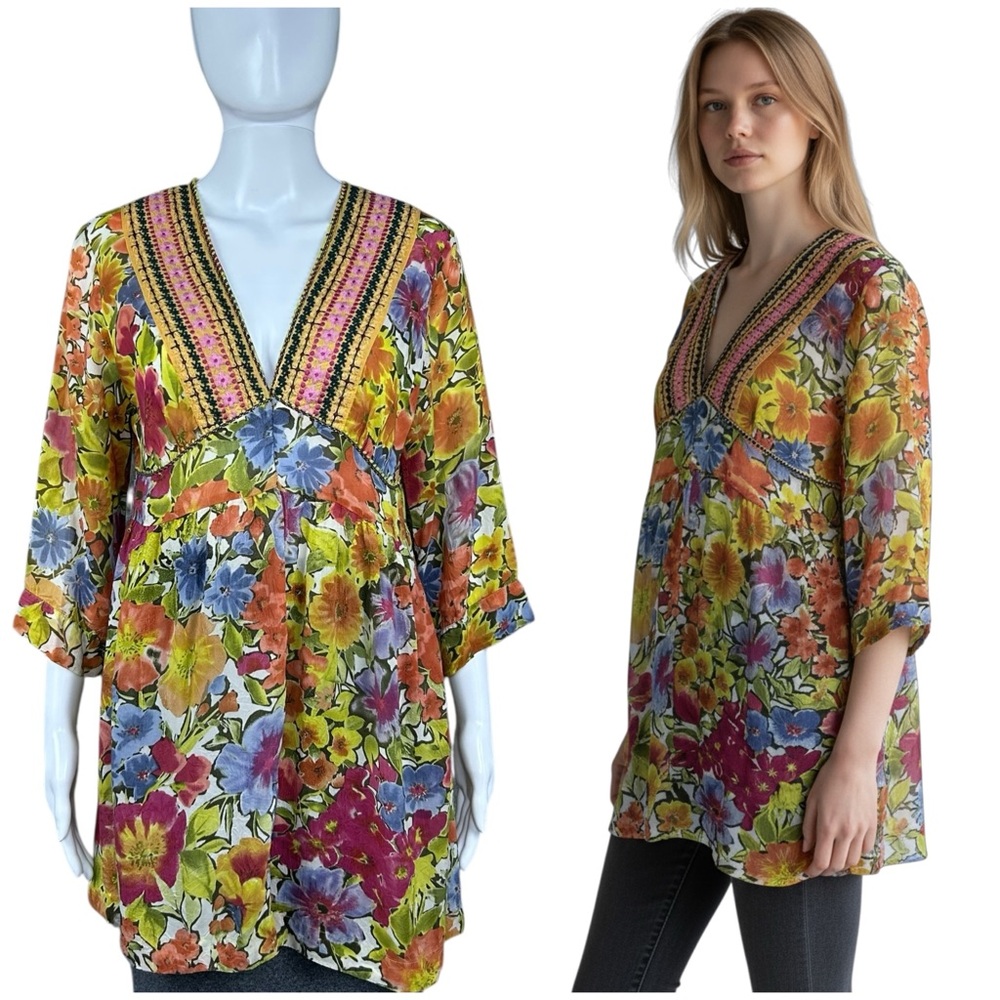 Johnny Was Floral Embroidered V-Neck Tunic Babydoll Top Flowy Boho Festival MED